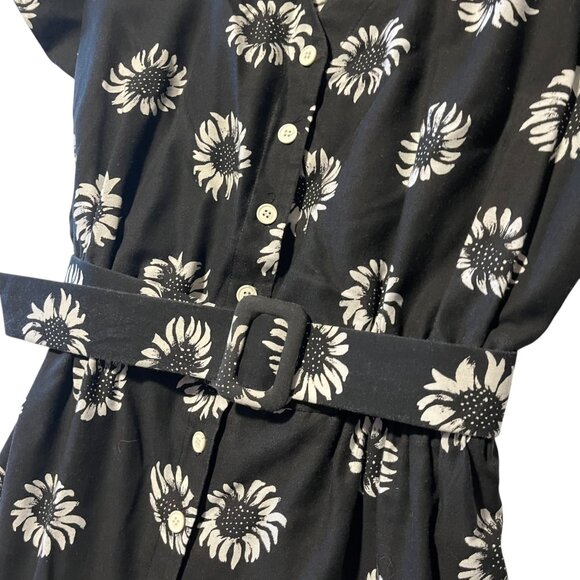Vtg 1980s Women's M Romper Black White Mono‎ Daisy Floral Belted V-neck Summer - Picture 2 of 7